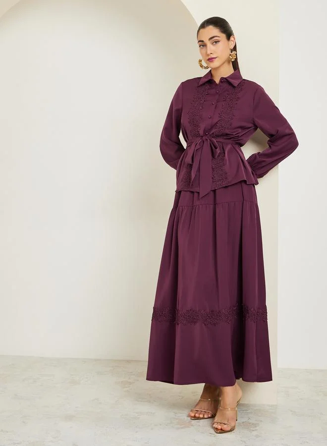 Styli Burgundy Lace Trim Shirt and Maxi Skirt Co-Ords